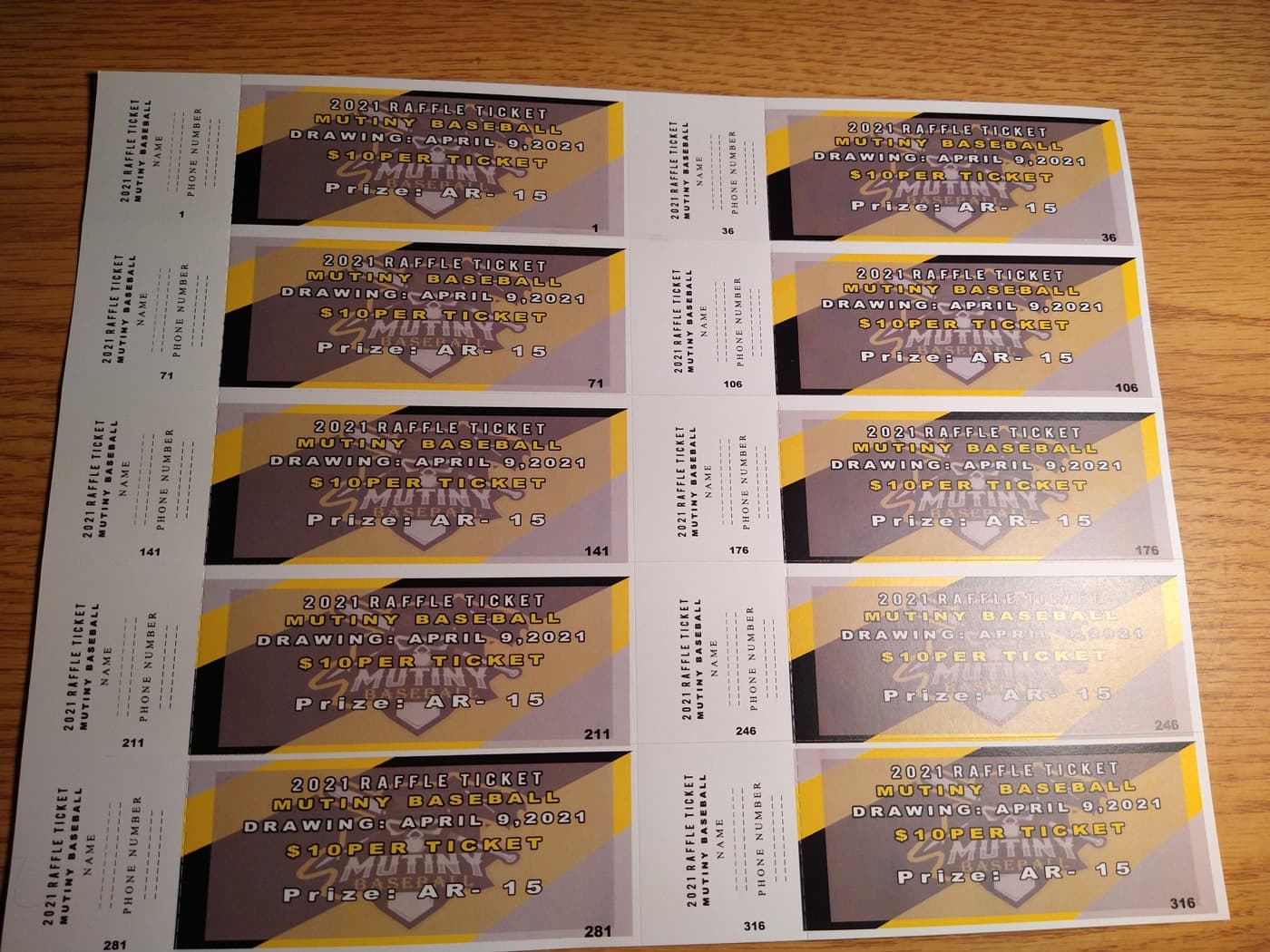 A sheet of printed event tickets